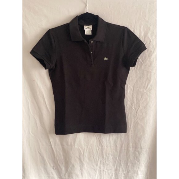 VTG Lacoste Crocodile Polo Top Black SS Collar 2 Button Front Neck Woman 40 - Picture 6 of 6